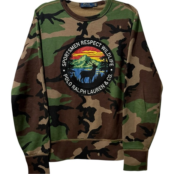 Polo Ralph Lauren Camo Great Outdoors Sportsmen's Patch Fleece Sweatshirt Medium - Picture 1 of 4